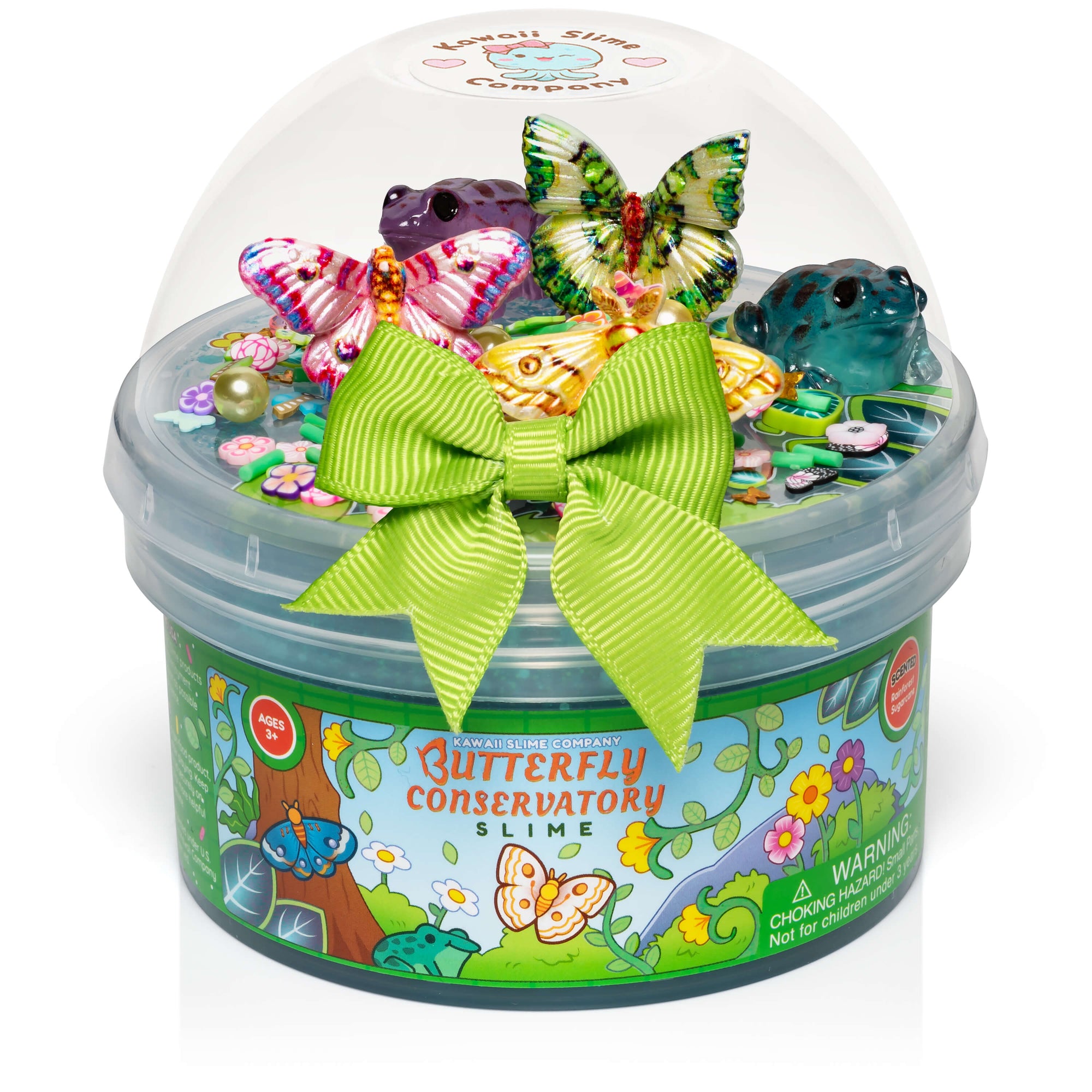 Kawaii Slime Company Butterfly Conservatory dome slime kit with butterfly and frog figurines tied with green bow