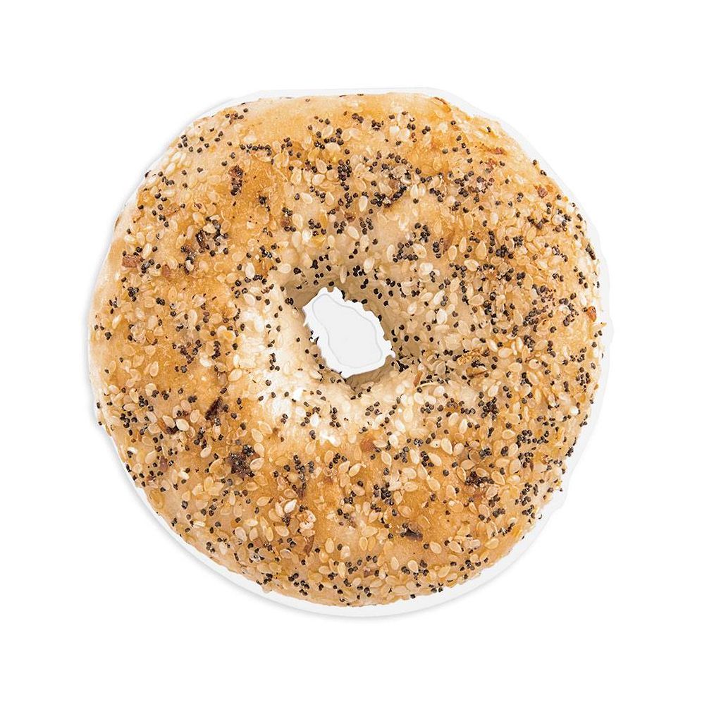 Everything bagel-shaped notepad with sesame and poppy seed detailing on white background