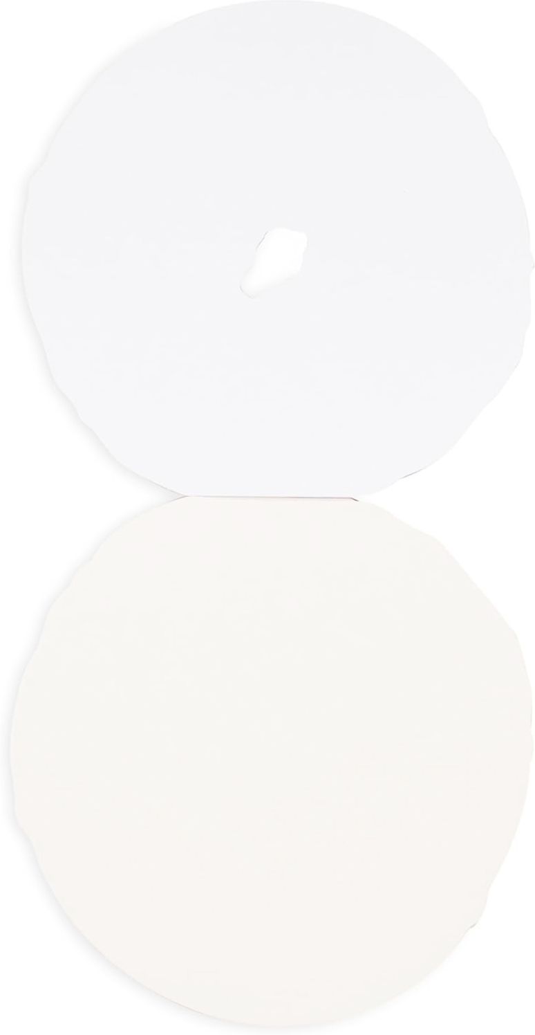 Two circular white notepad sheets resembling bagel halves on white background