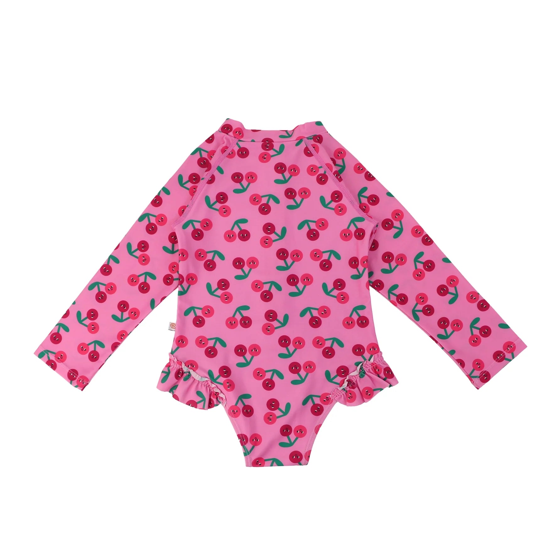 Pink long-sleeve ruffled one-piece rash guard swimsuit with red cherry print for girls