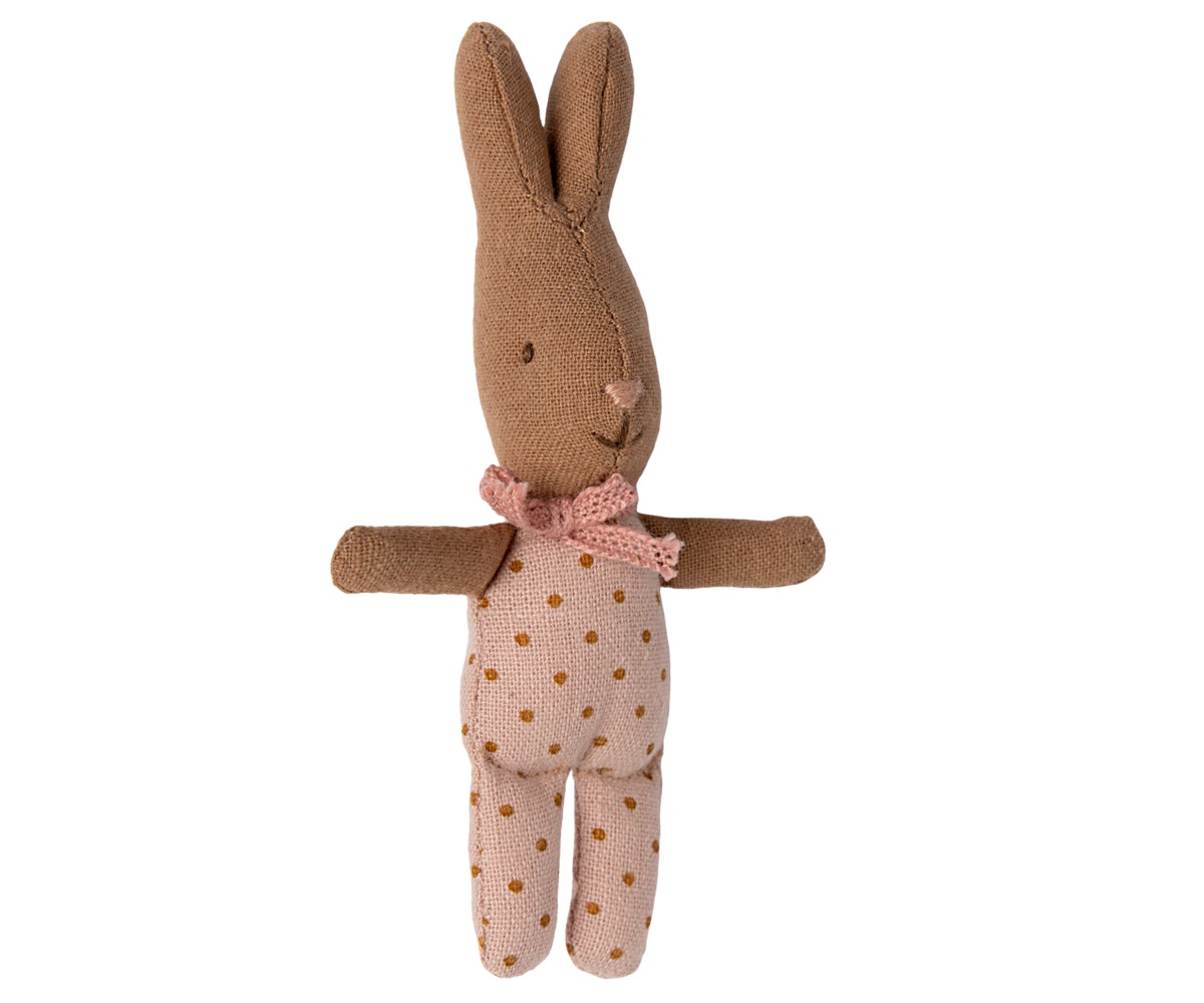Maileg rabbit plush toy with polka dot pajamas and pink neck ribbon