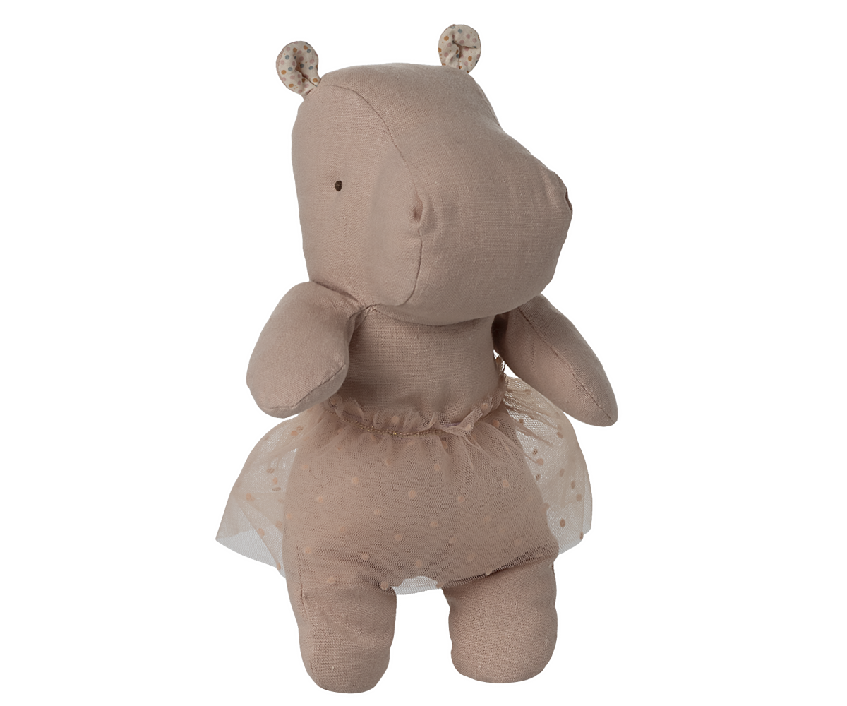 Maileg soft rose hippo plush toy wearing tulle skirt against striped background