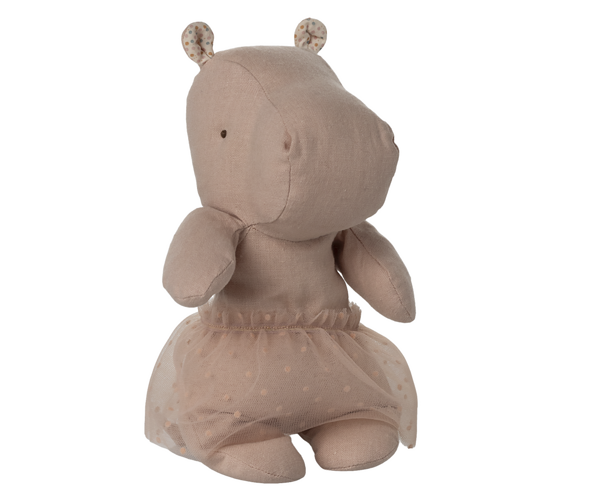 Maileg soft rose colored hippo plush toy wearing tulle skirt with small ears