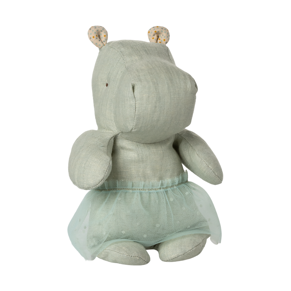 Maileg small hippo stuffed animal in mint green fabric wearing tulle skirt