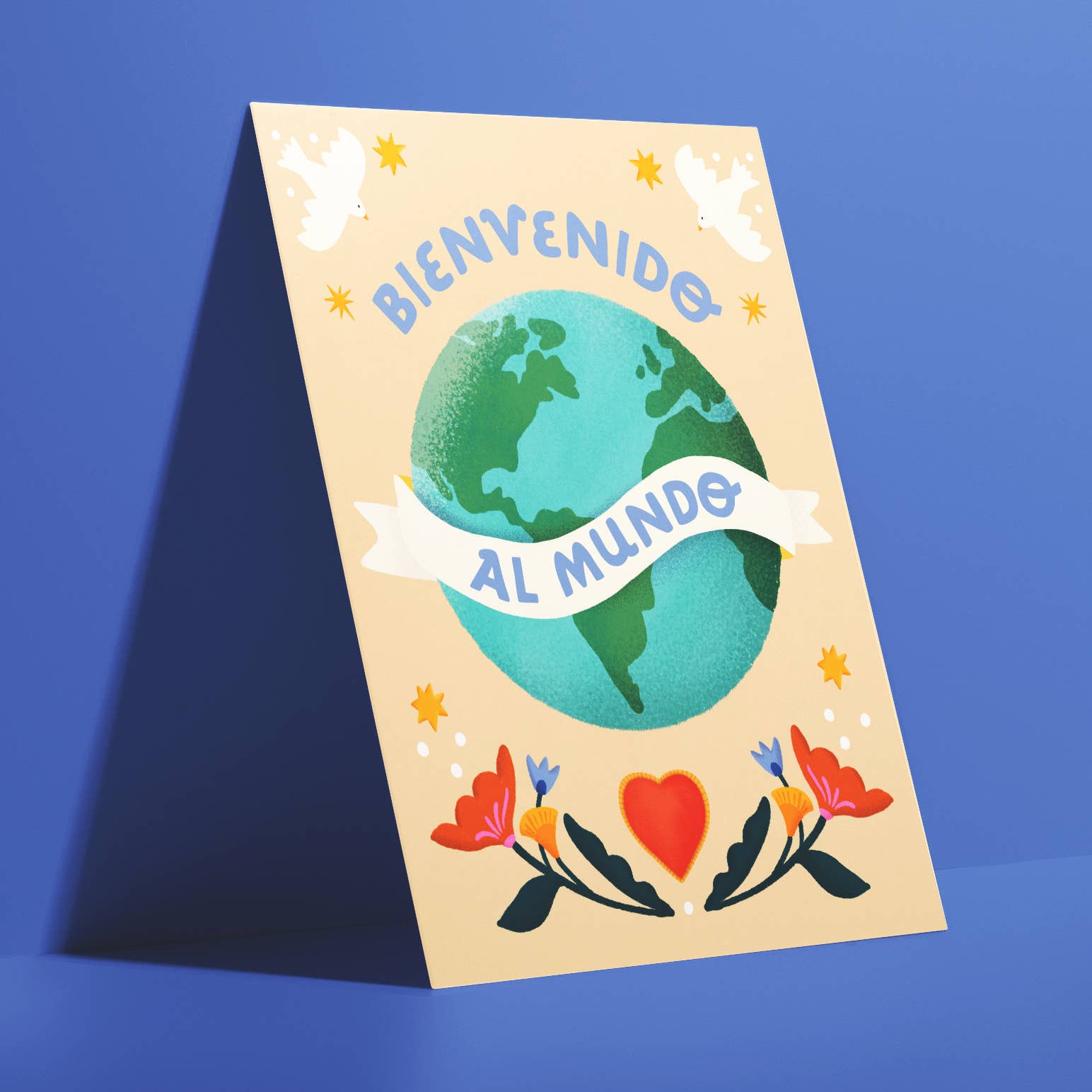 Spanish new baby greeting card with Earth globe, white banner, doves, stars and floral design