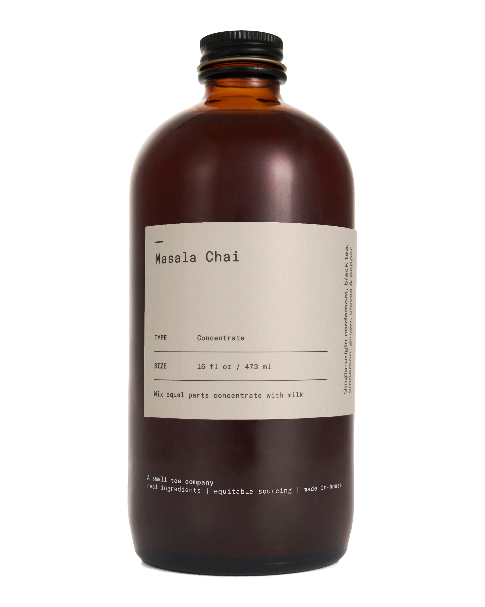 Brown glass bottle of Dona Masala Chai Concentrate with minimalist white label on clean background