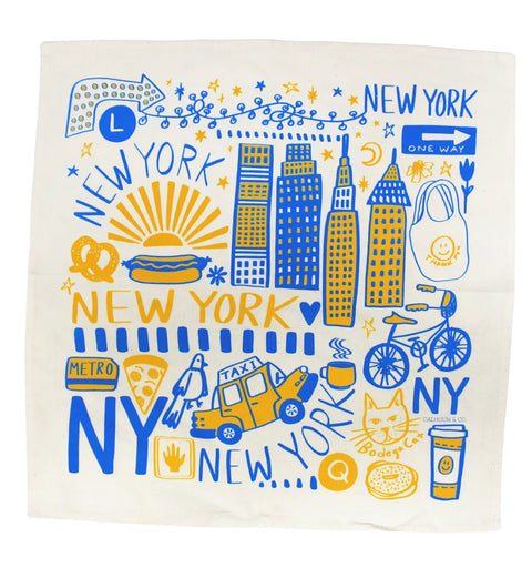 New York Screen Printed Tea Towel  Metro Card Yellow Blue