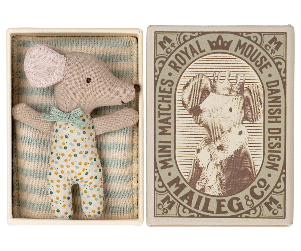 Sleepy/wakey baby mouse in matchbox - Blue