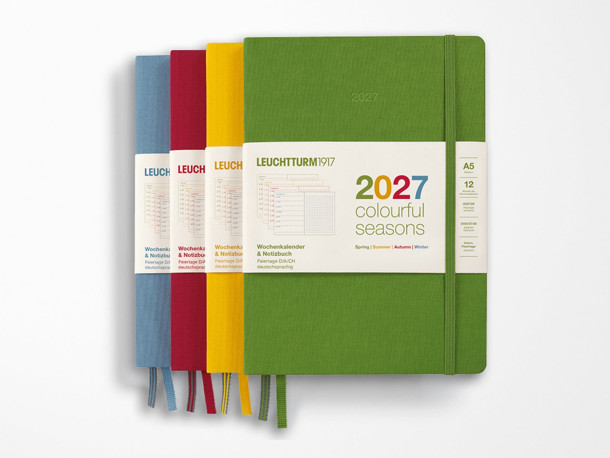 LEUCHTTURM1917 2027 Colourful Seasons A5 weekly planners in four seasonal colors fanned out