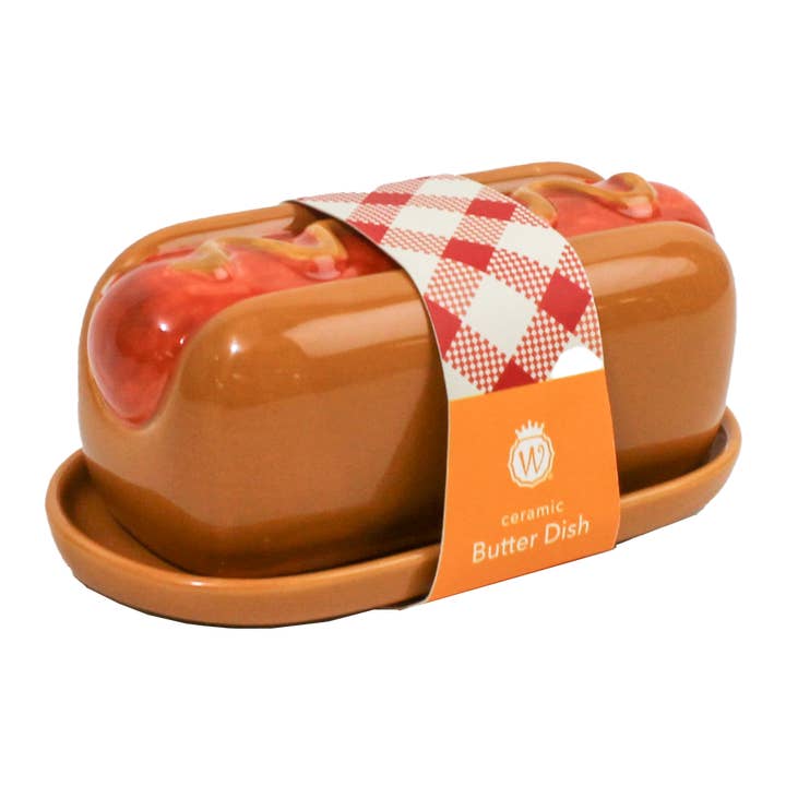 Figural Hot Dog Ceramic Butter Dish