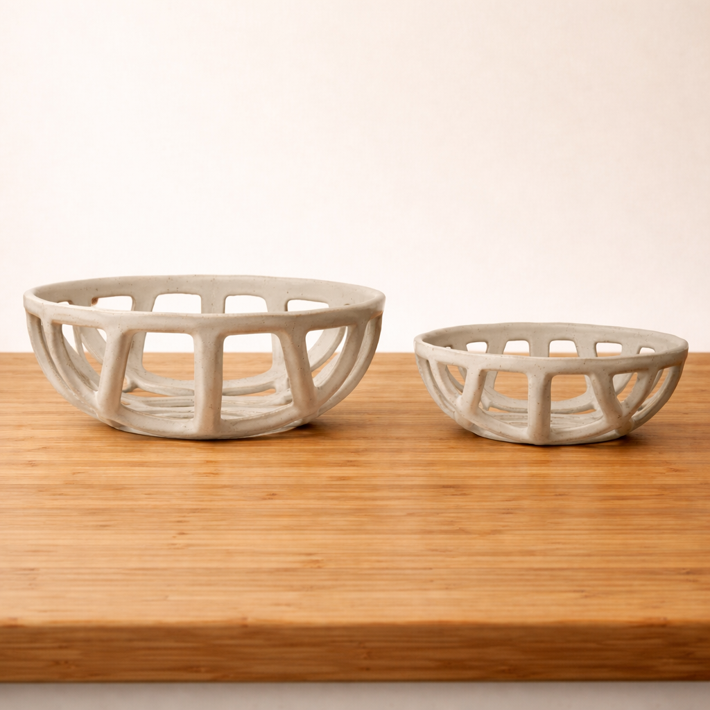 Two ceramic baskets on a wooden surface with a plain background