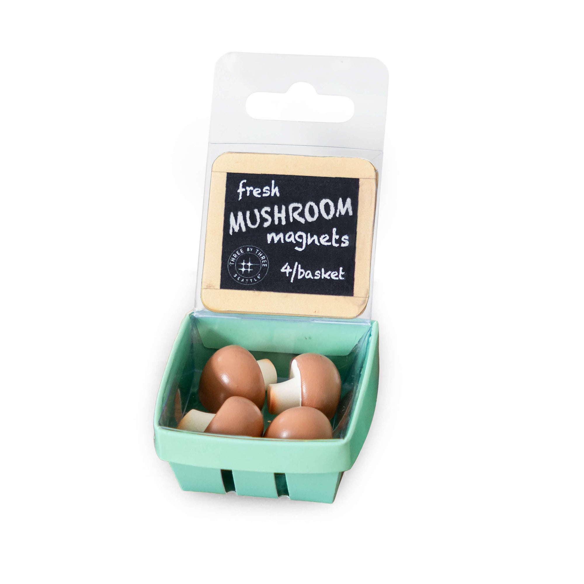 Fresh mushroom magnets in mint green berry basket with chalkboard sign showing price