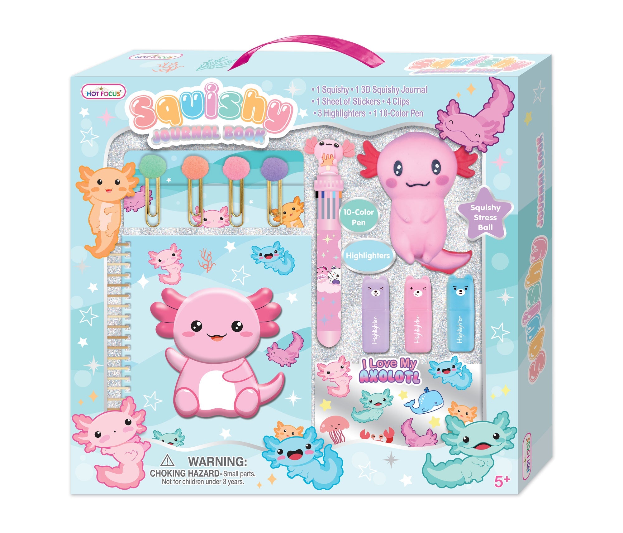 Hot Focus Squishy Journal Book gift set with axolotl squishy, stationery supplies and stickers