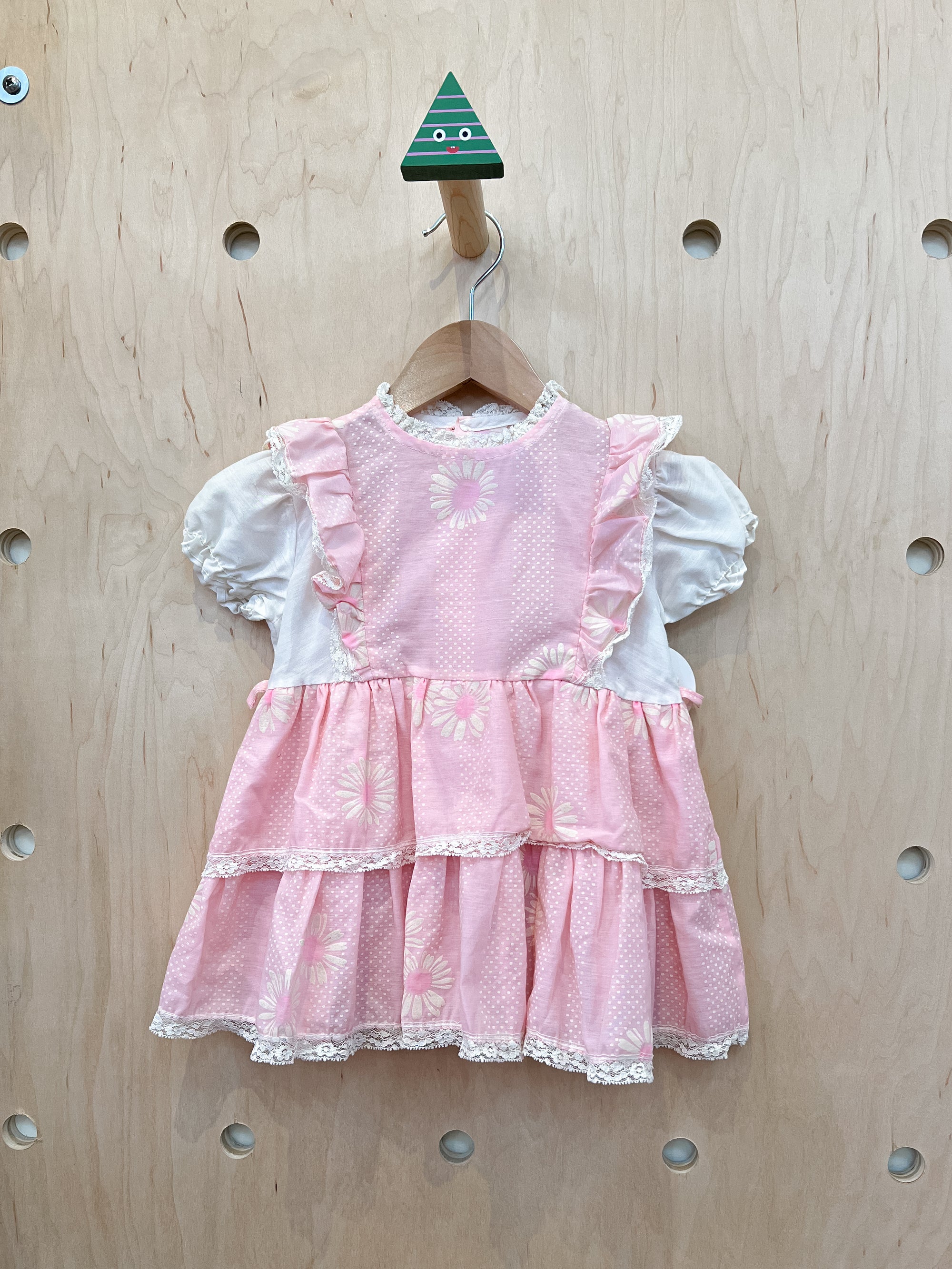 (pre-worn) vintage pink floral swiss dot lace dress 2T