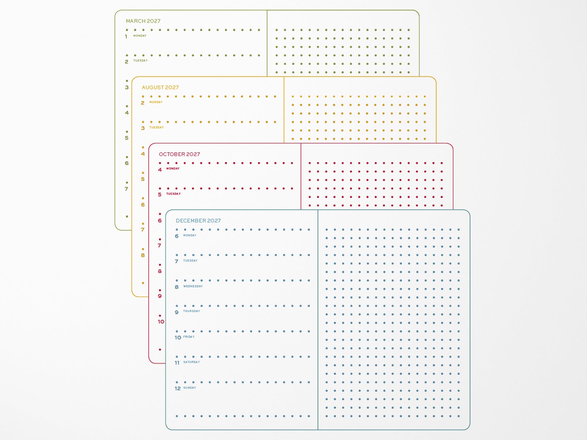 LEUCHTTURM1917 2027 Weekly Planner dotted pages shown in four seasonal colorways stacked