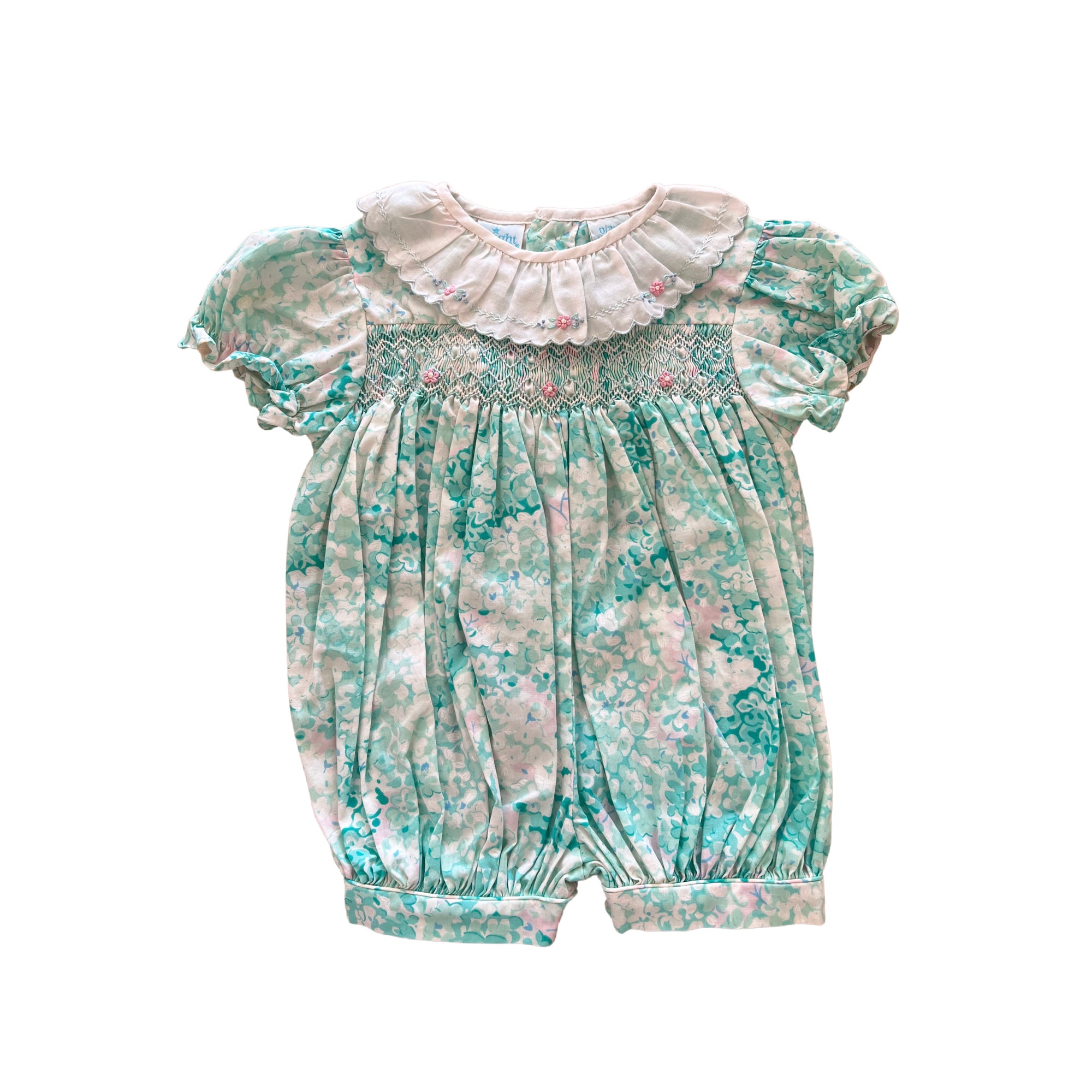 (pre-worn) Vintage Teal Misty Flower Bubble Romper NB