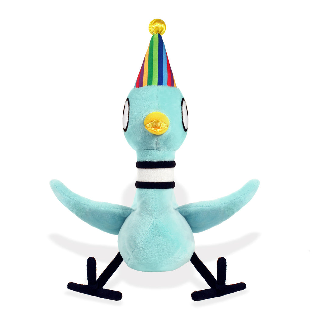 Light blue pigeon plush toy wearing a rainbow striped birthday party hat with black legs