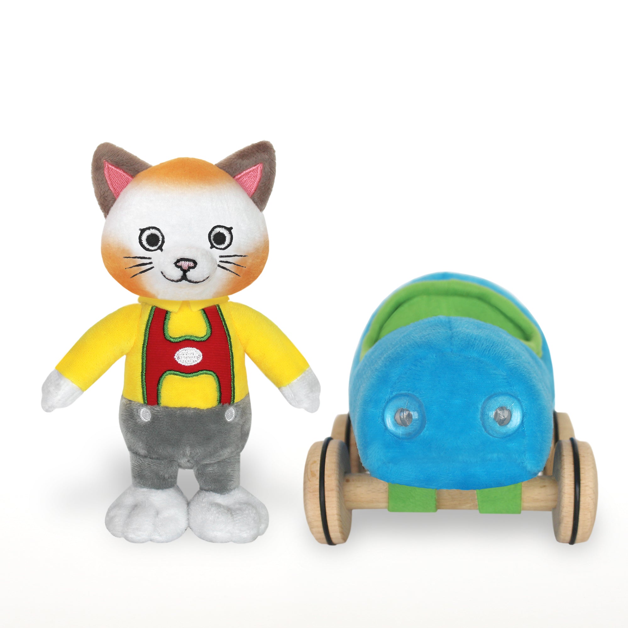 Huckle Cat plush toy in yellow shirt with gray pants beside blue plush car on wooden wheels