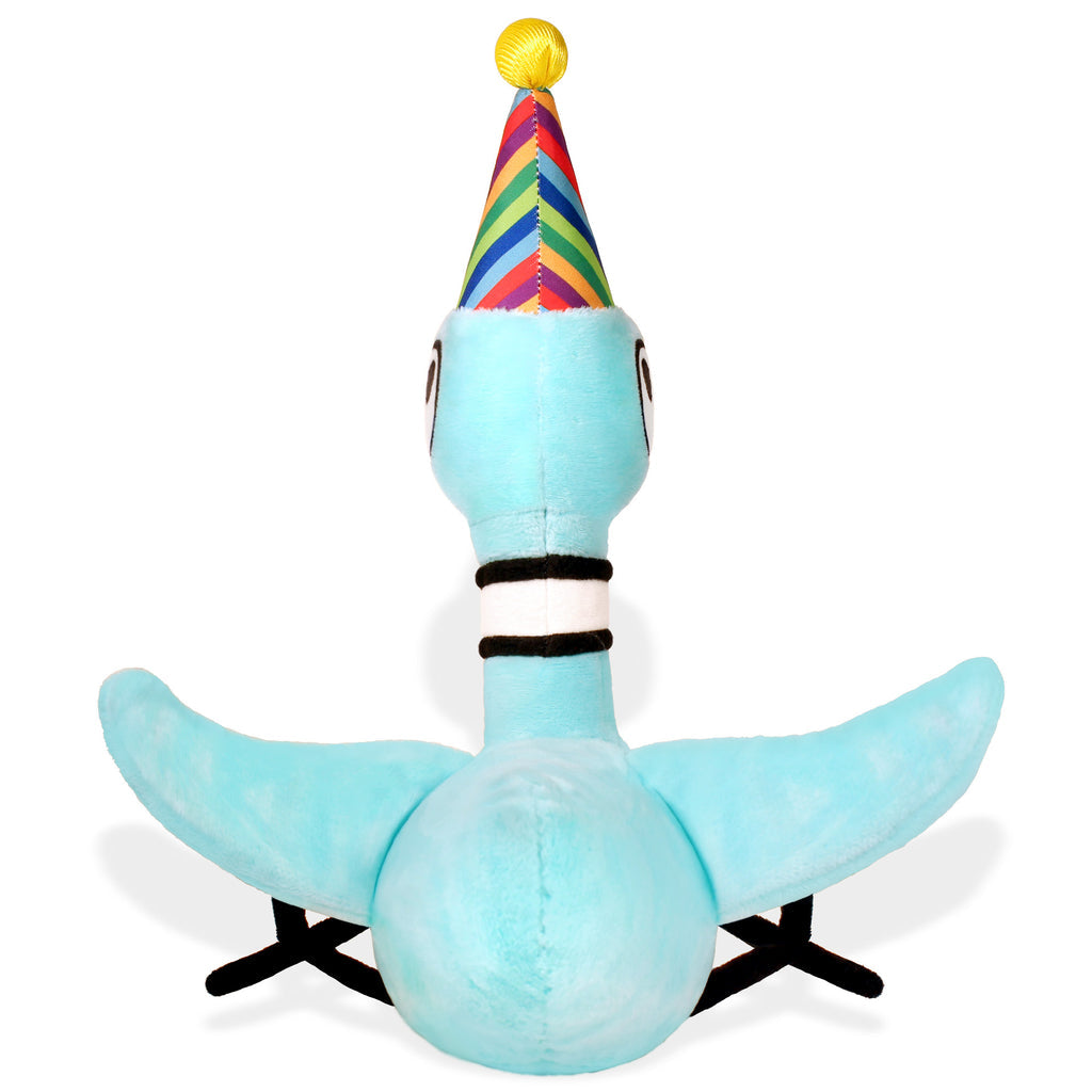 Light blue pigeon plush soft toy wearing a rainbow striped birthday party hat