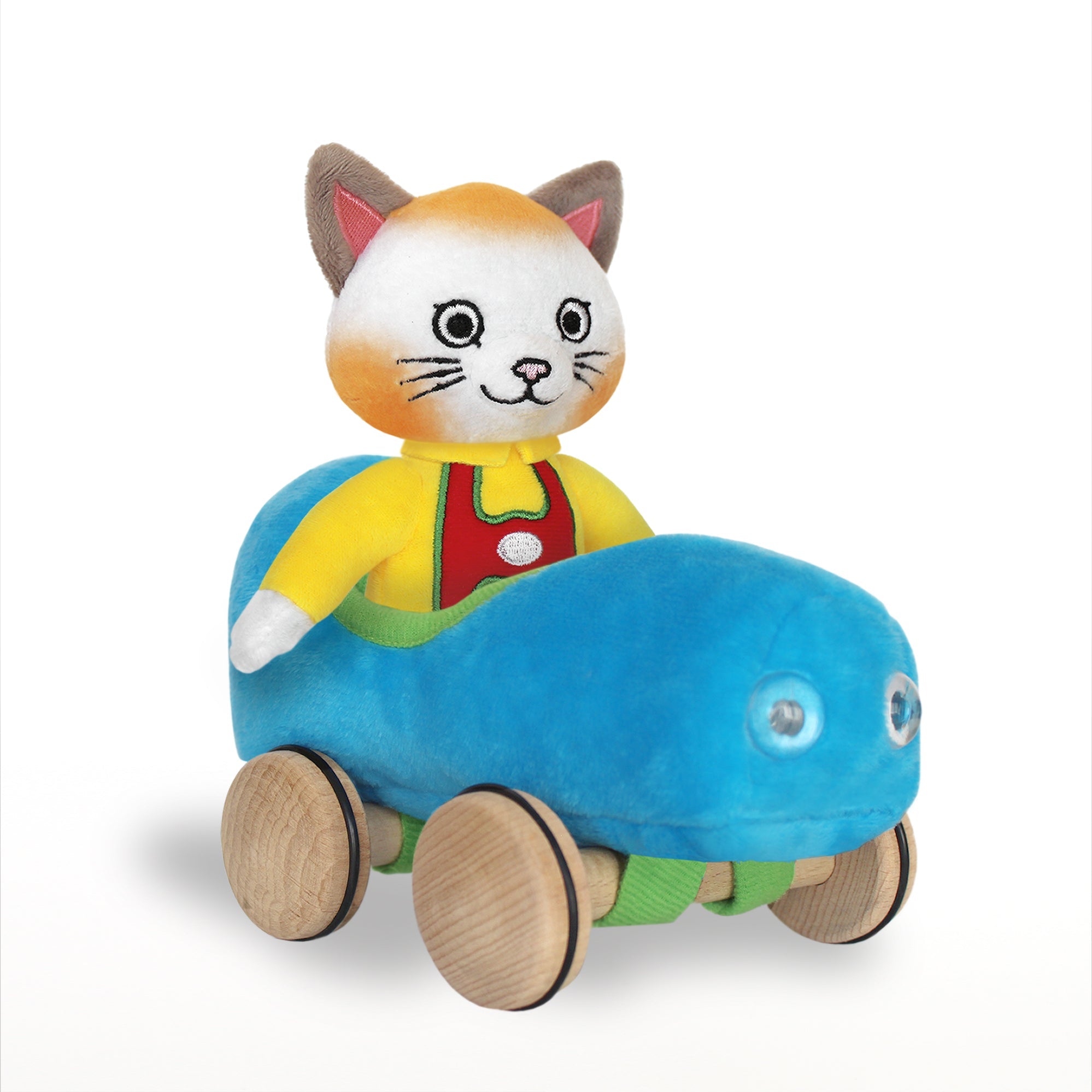 Huckle Cat plush toy in yellow outfit seated in blue soft car with wooden wheels