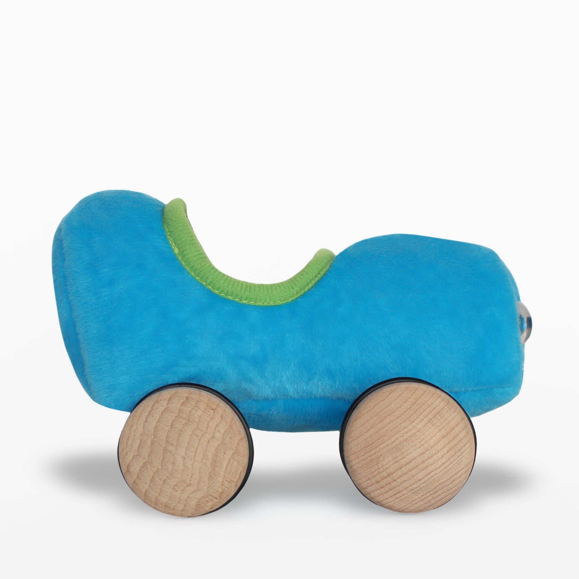 Blue plush soft toy car with green handle accent and natural wooden wheels on white background