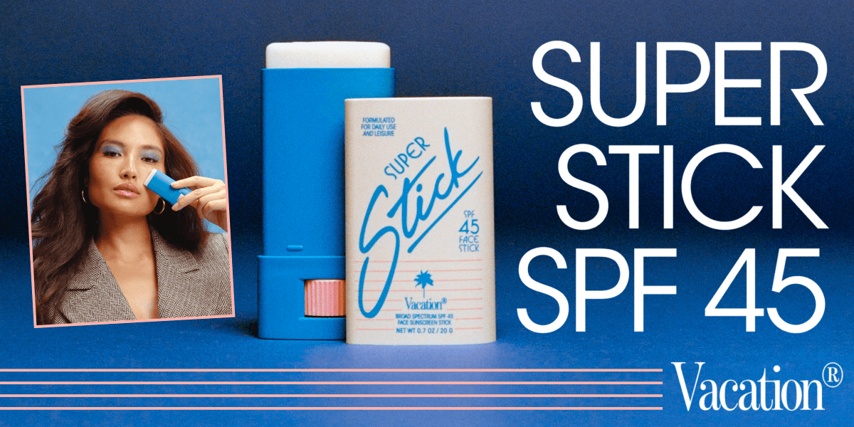 Vacation Super Stick SPF 45 sunscreen product with blue packaging and model photo