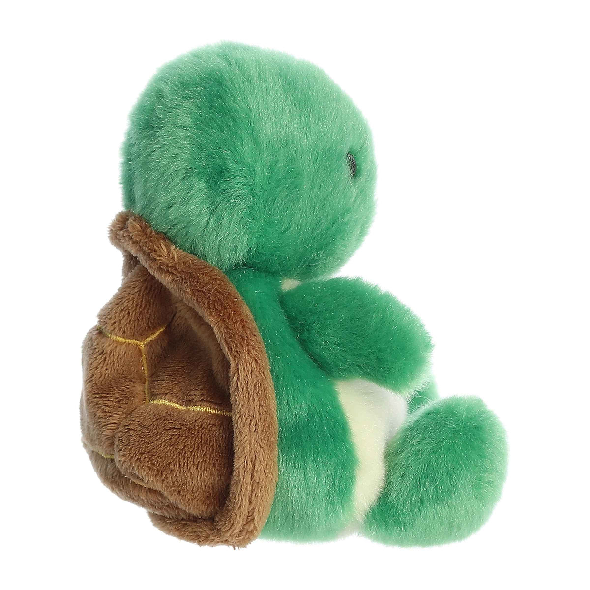 Side view of Aurora green plush turtle stuffed animal with brown shell
