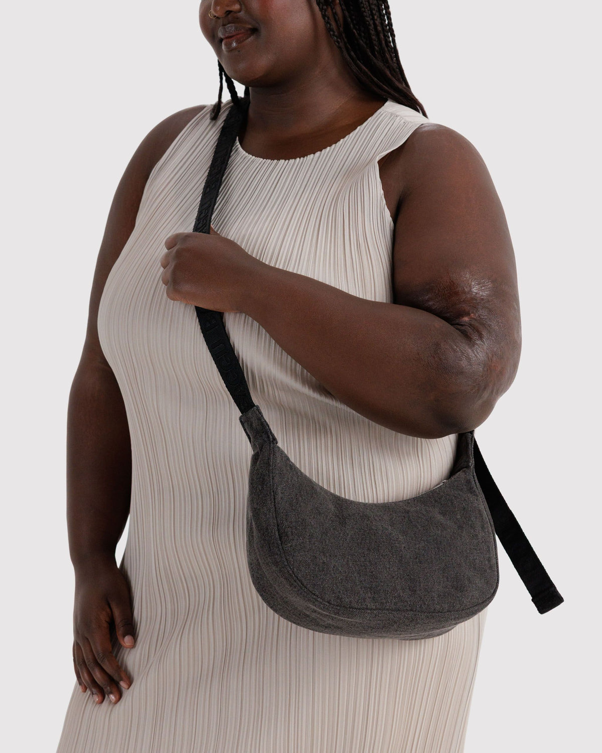 Small Denim Crescent Bag - Washed Black Denim