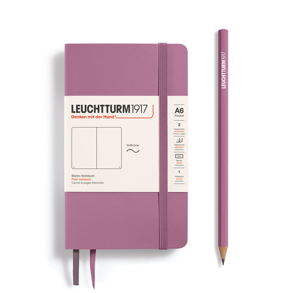 LEUCHTTURM1917 A6 Pocket softcover plain notebook in dusty rose with matching pencil