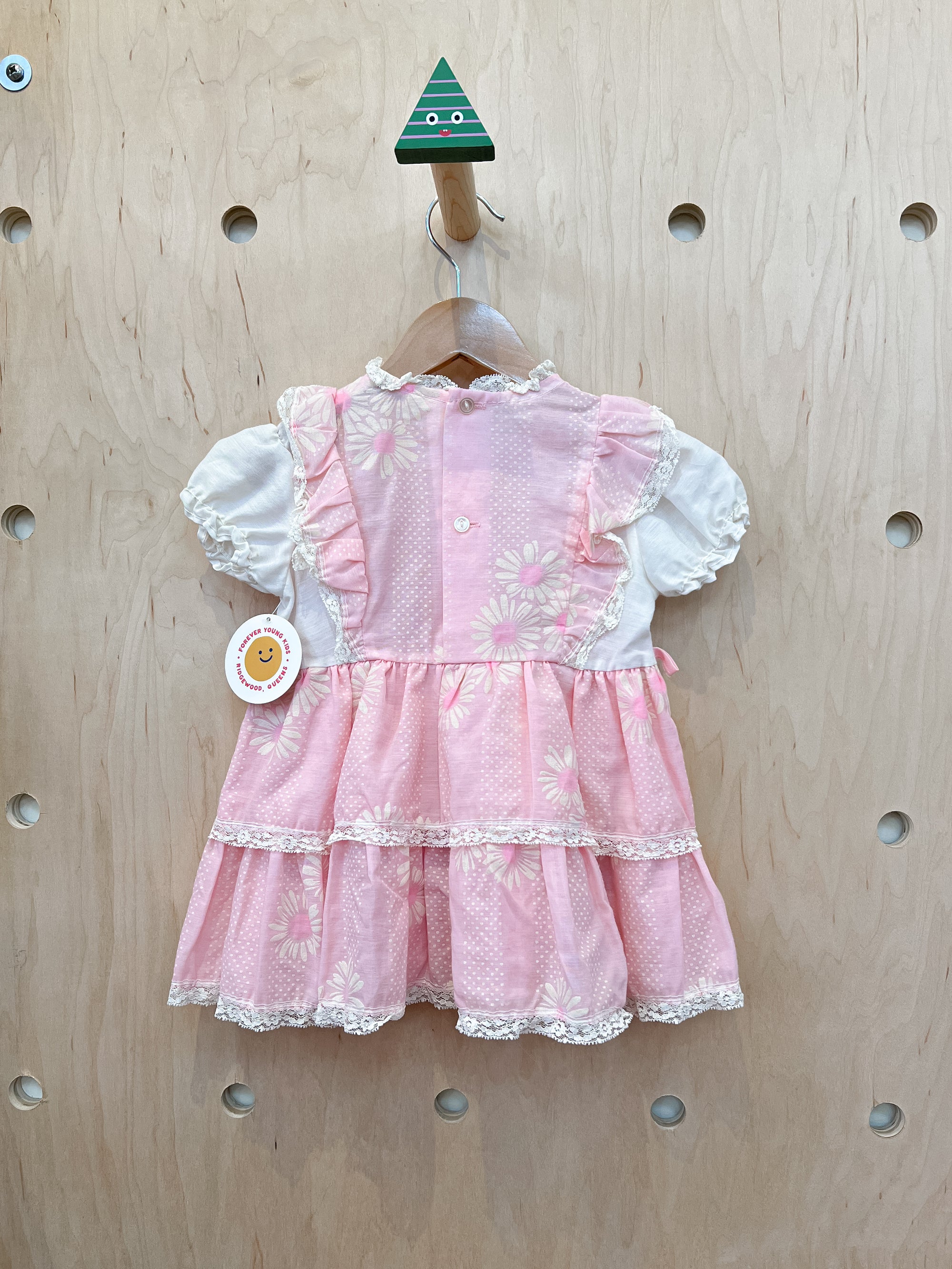 (pre-worn) vintage pink floral swiss dot lace dress 2T