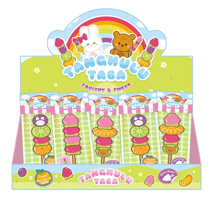 Tanghulu Taba squishable sensory toys displayed in colorful kawaii-themed retail box with fruit skewer designs