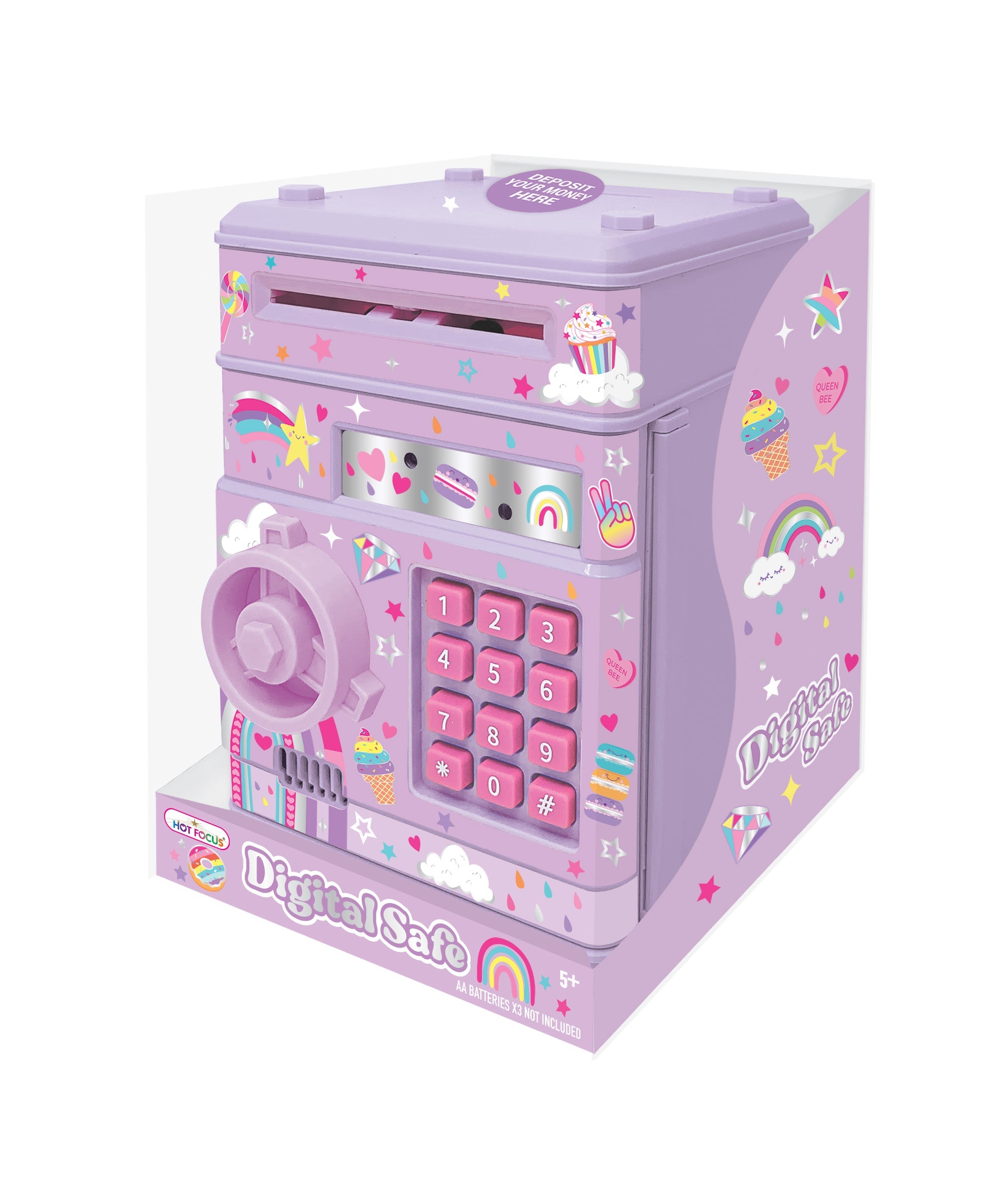 Purple Hot Focus Digital Safe with rainbow stickers and numbered keypad in retail packaging
