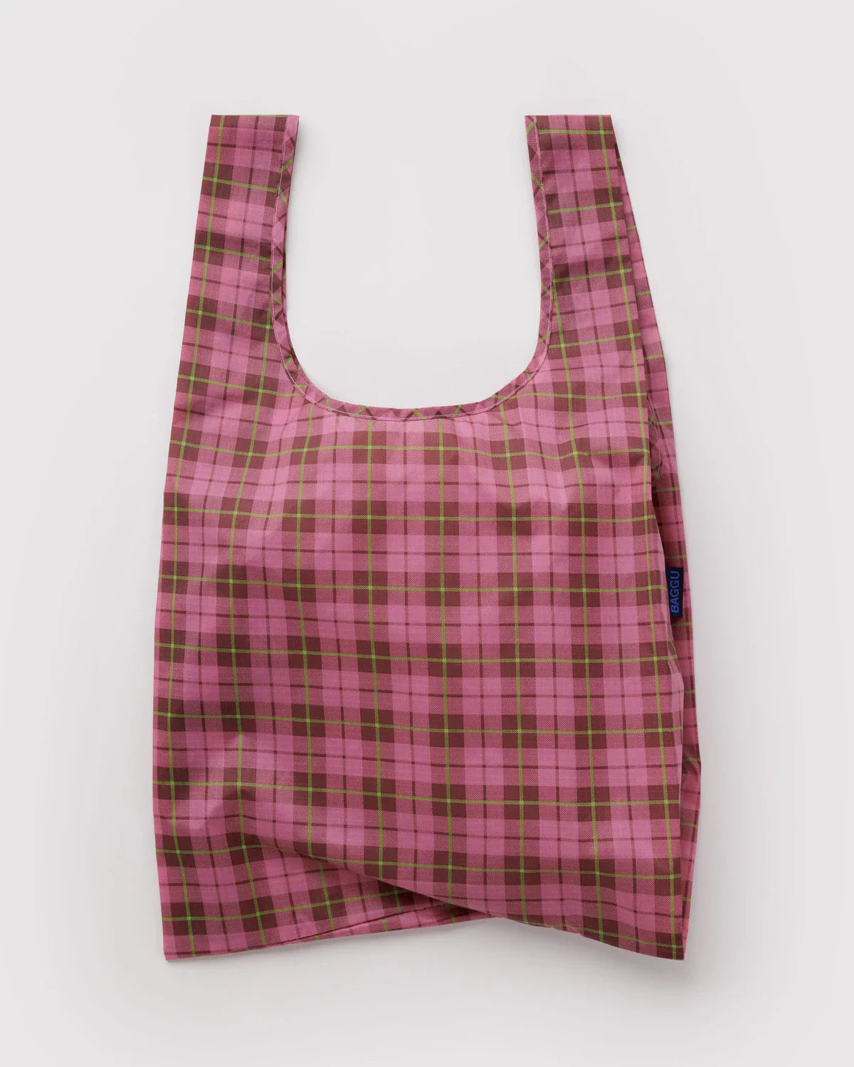 Baggu Standard reusable bag in pink tartan plaid with brown and lime green grid pattern