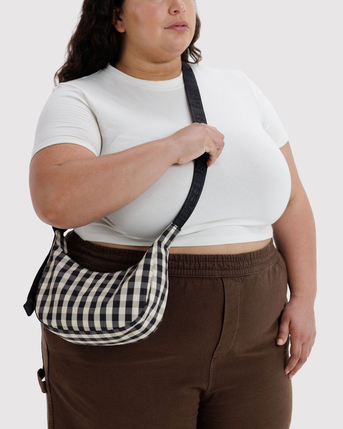 Small Nylon Crescent Bag Black and Cream Gingham