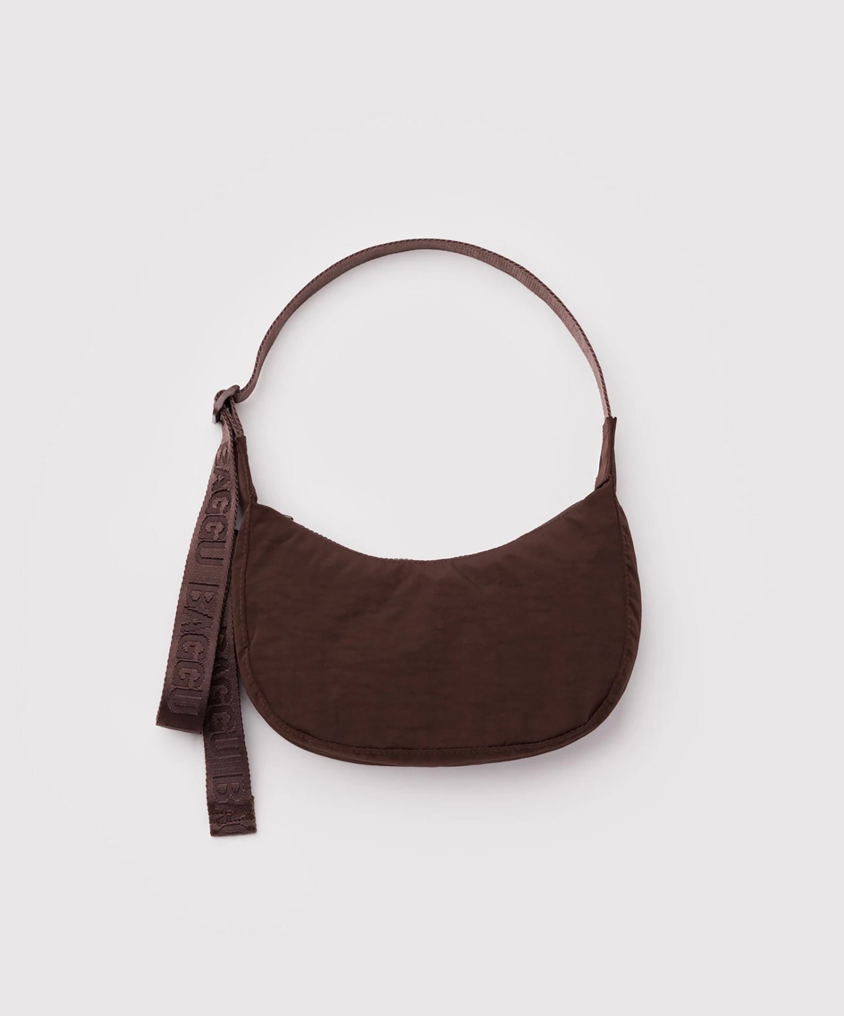 Baggu Small Nylon Crescent Bag in dark chocolate brown with logo-embossed strap detail