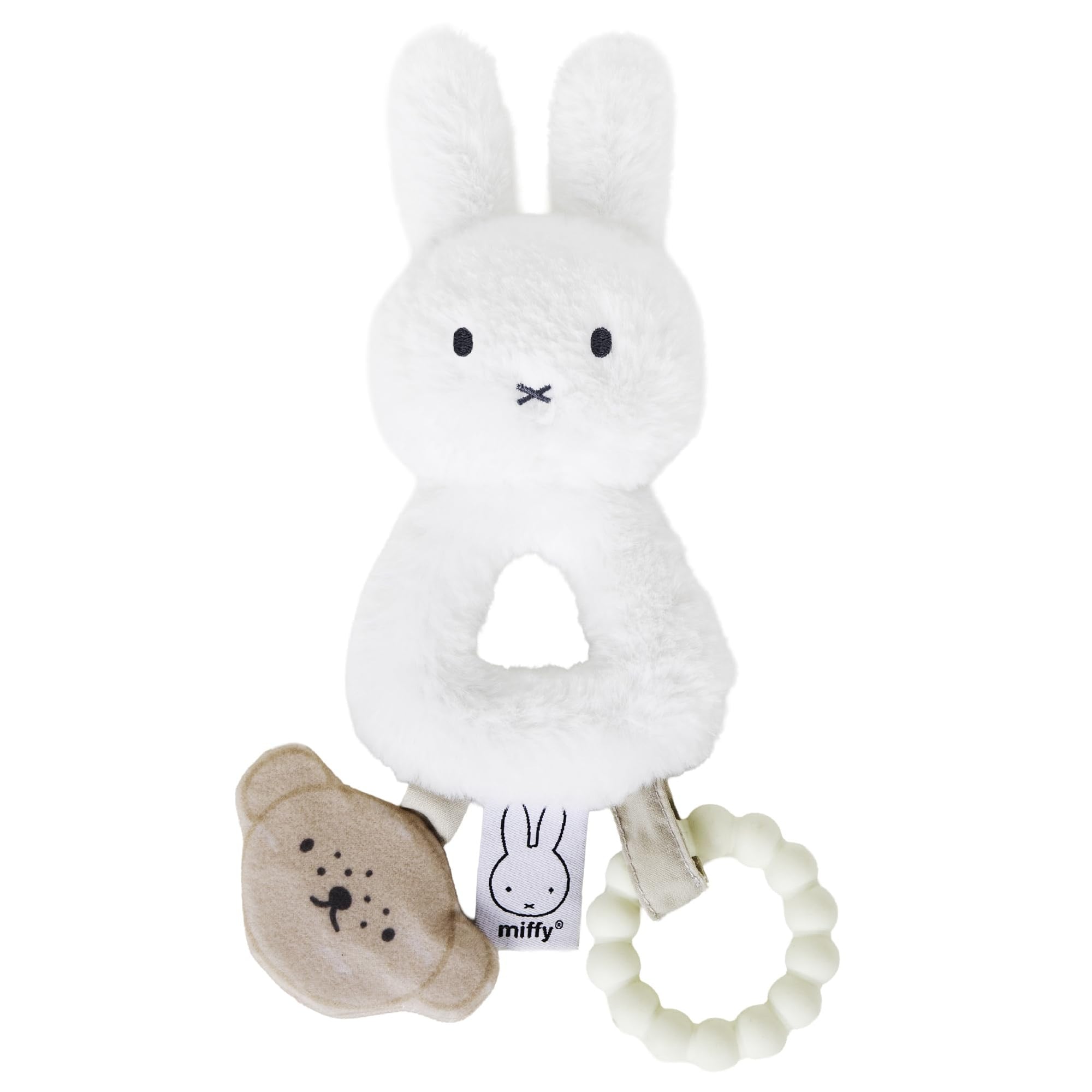 Miffy white plush ring rattle with bear teether and silicone chew ring attachments