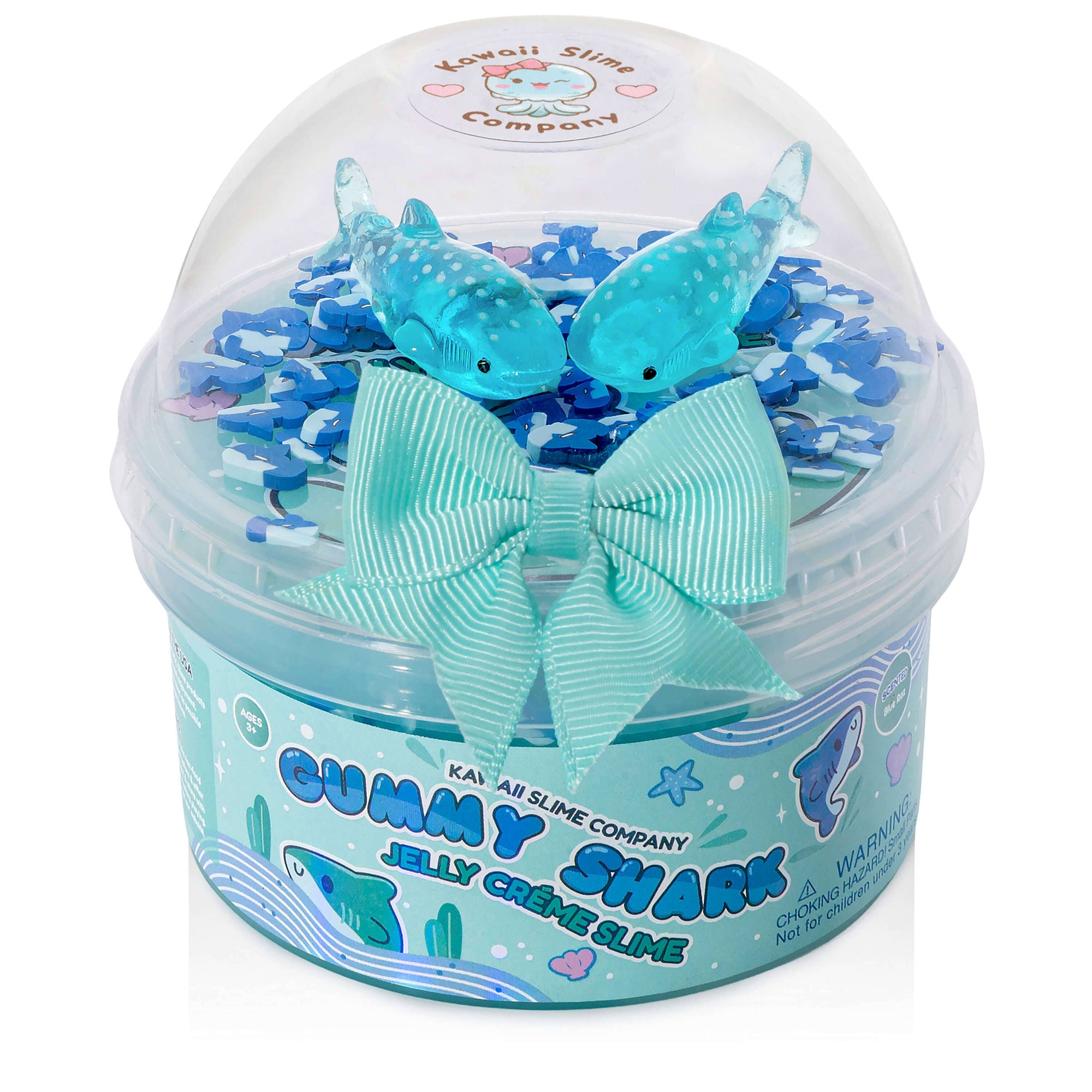Kawaii Slime Company Gummy Shark Jelly Crème Slime dome container with teal bow and shark figurines