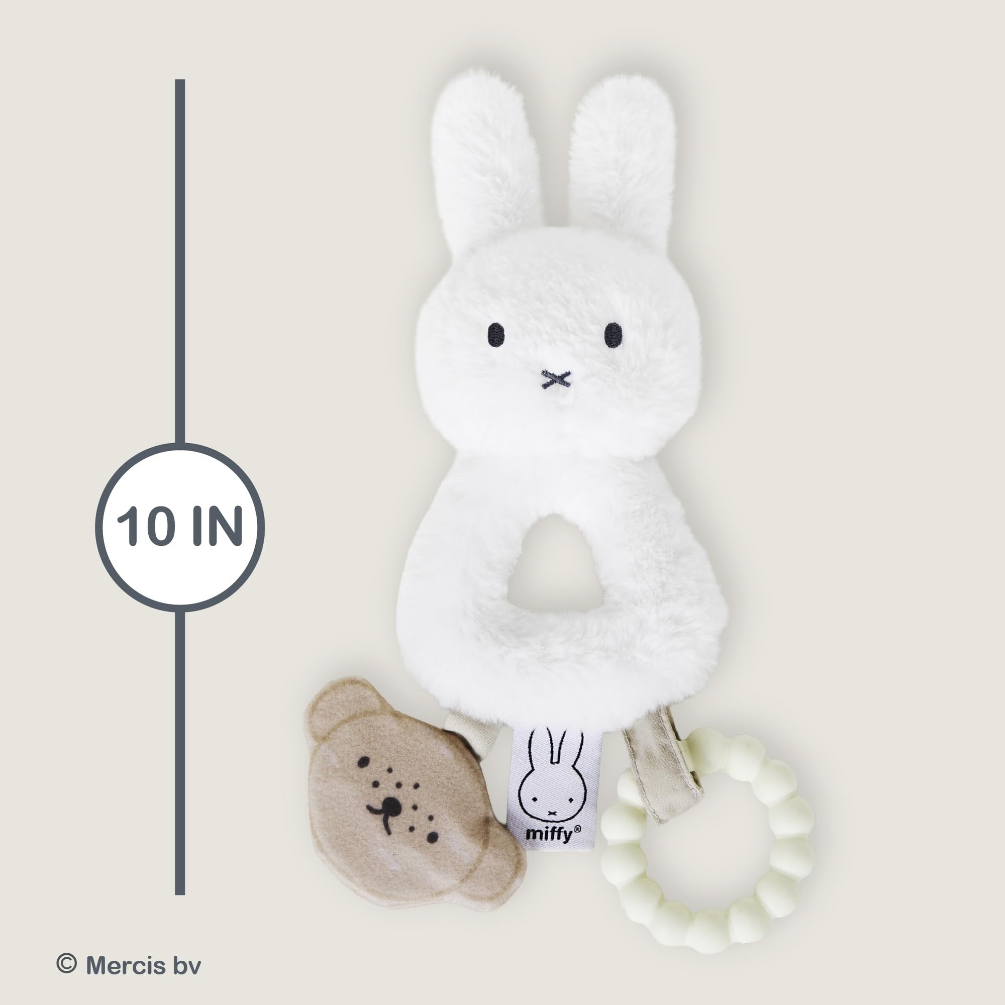 Miffy white plush ring rattle with bear crinkle toy and silicone teether ring, 10 inches