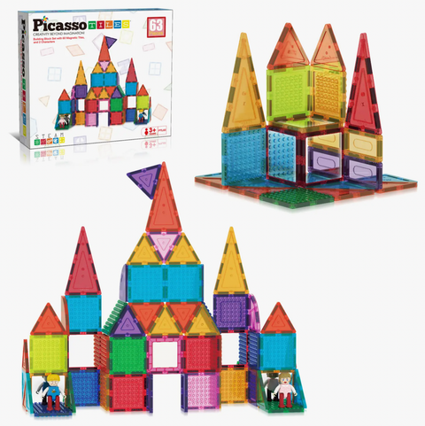Picasso Tiles 63 Piece Magnetic Building Tiles Toy Set
