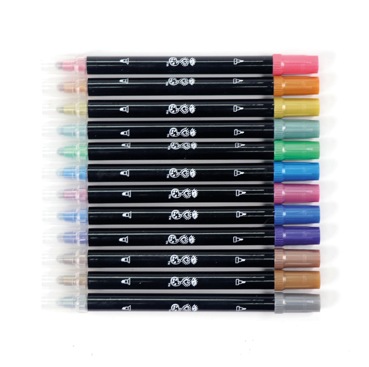 Set of colorful markers with black bodies on a white background