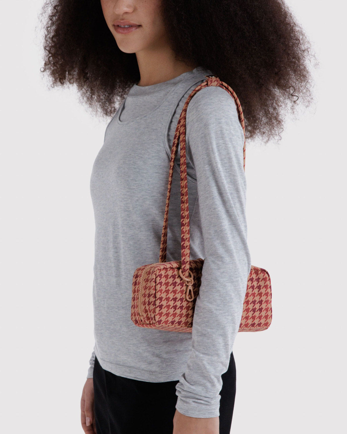 Small Nylon Bowler Bag - Tan Houndstooth