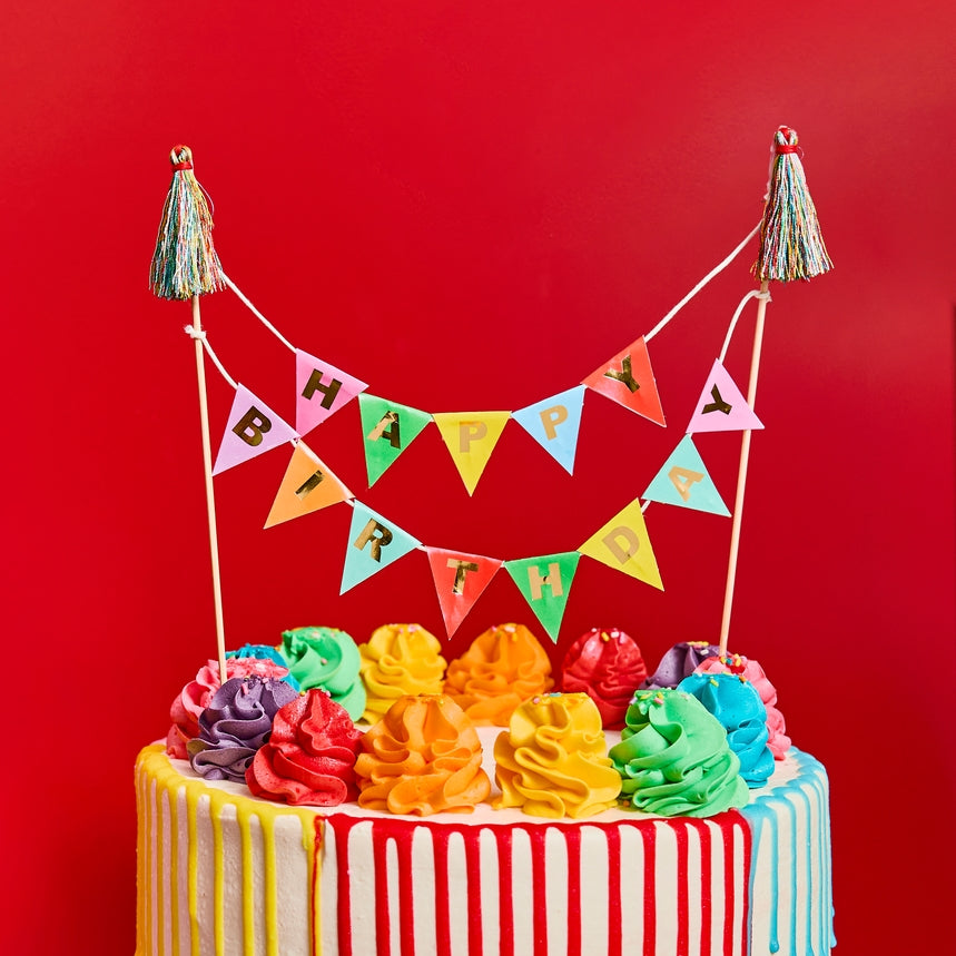 Happy Birthday Bunting Card Cake Topper & Thread Tassels