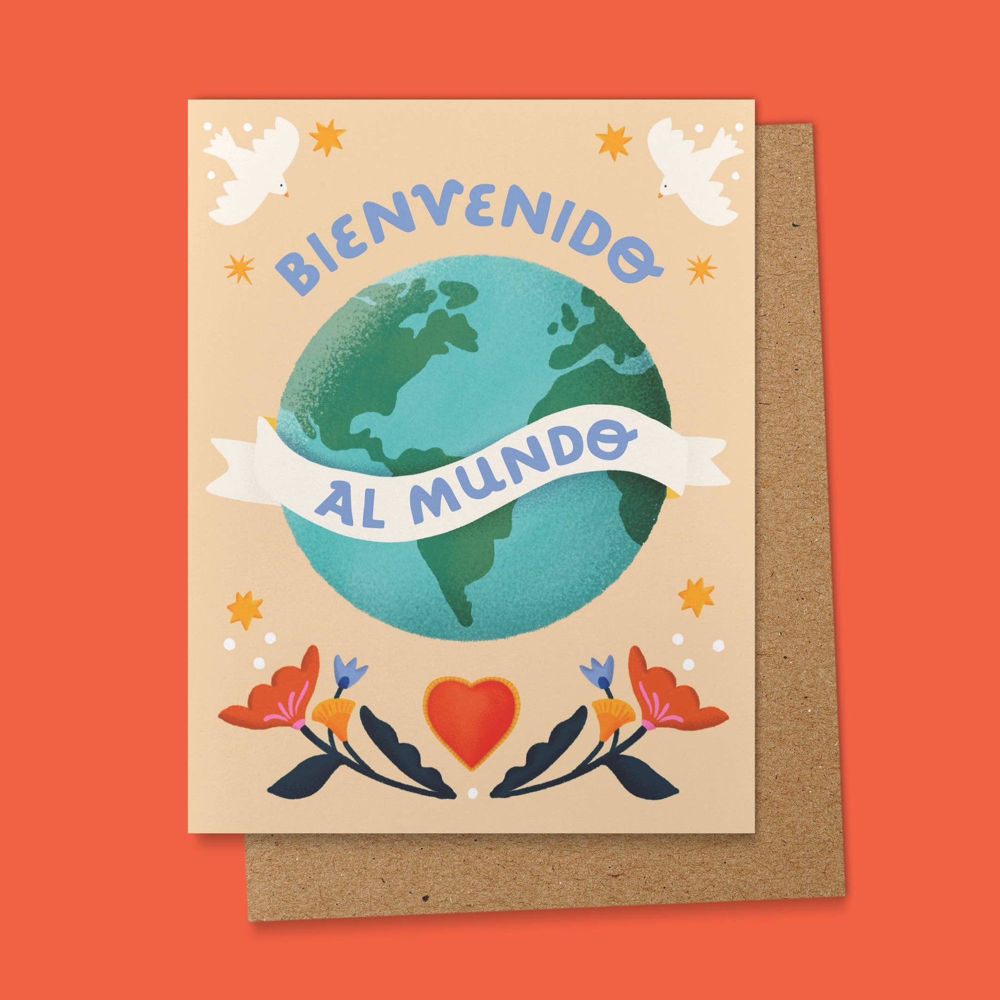Spanish new baby greeting card featuring Earth globe with white banner, doves, flowers and heart design