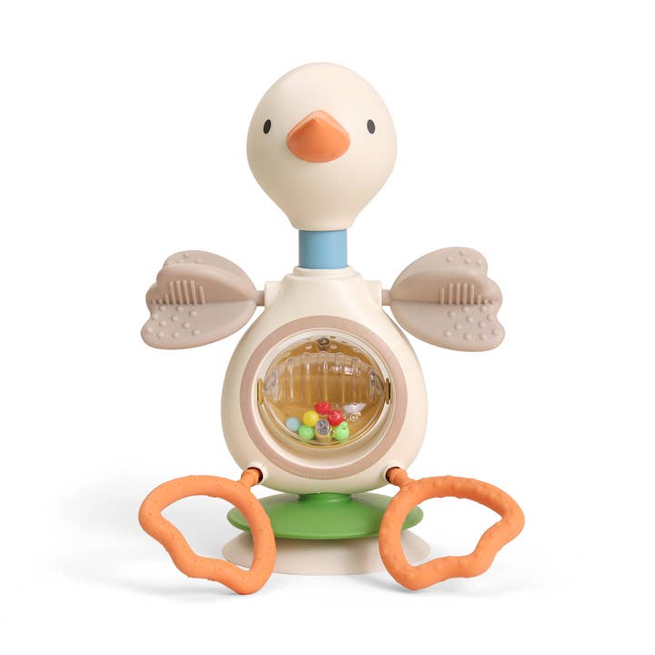 Itzy Ritzy Twist and Bop Goose baby toy with teething wings, rattle beads, and orange teether feet
