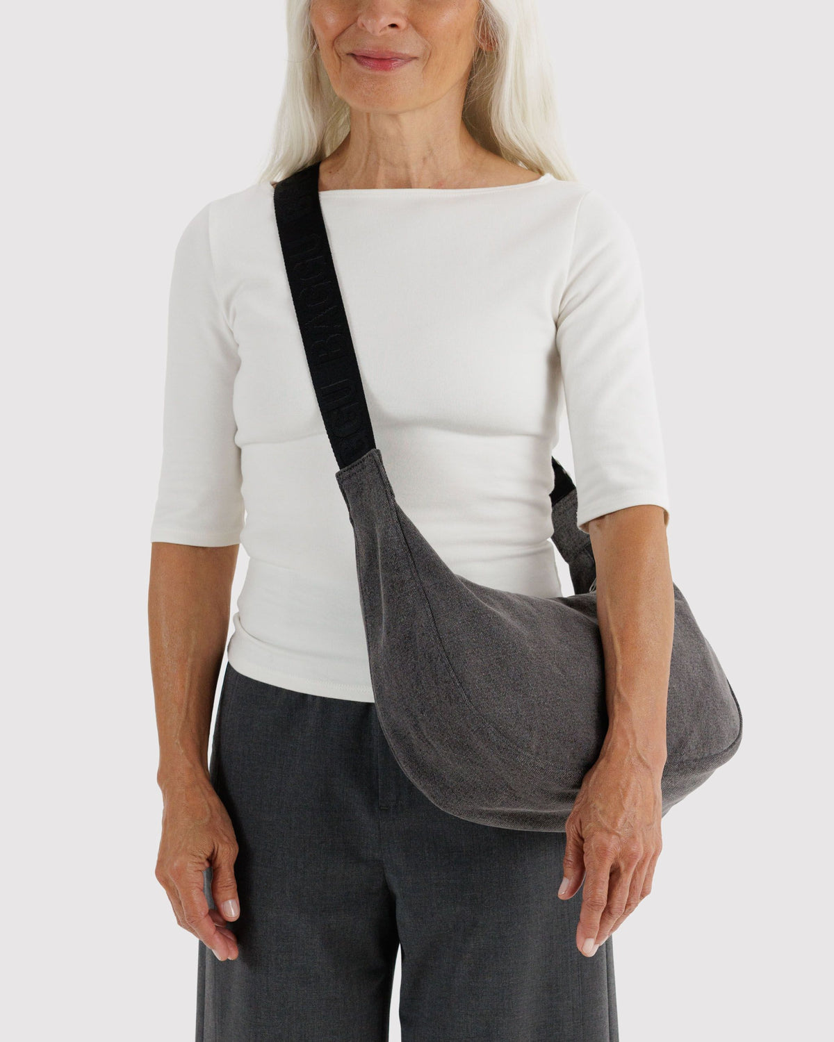 Medium Denim Crescent Bag - Washed Black Denim