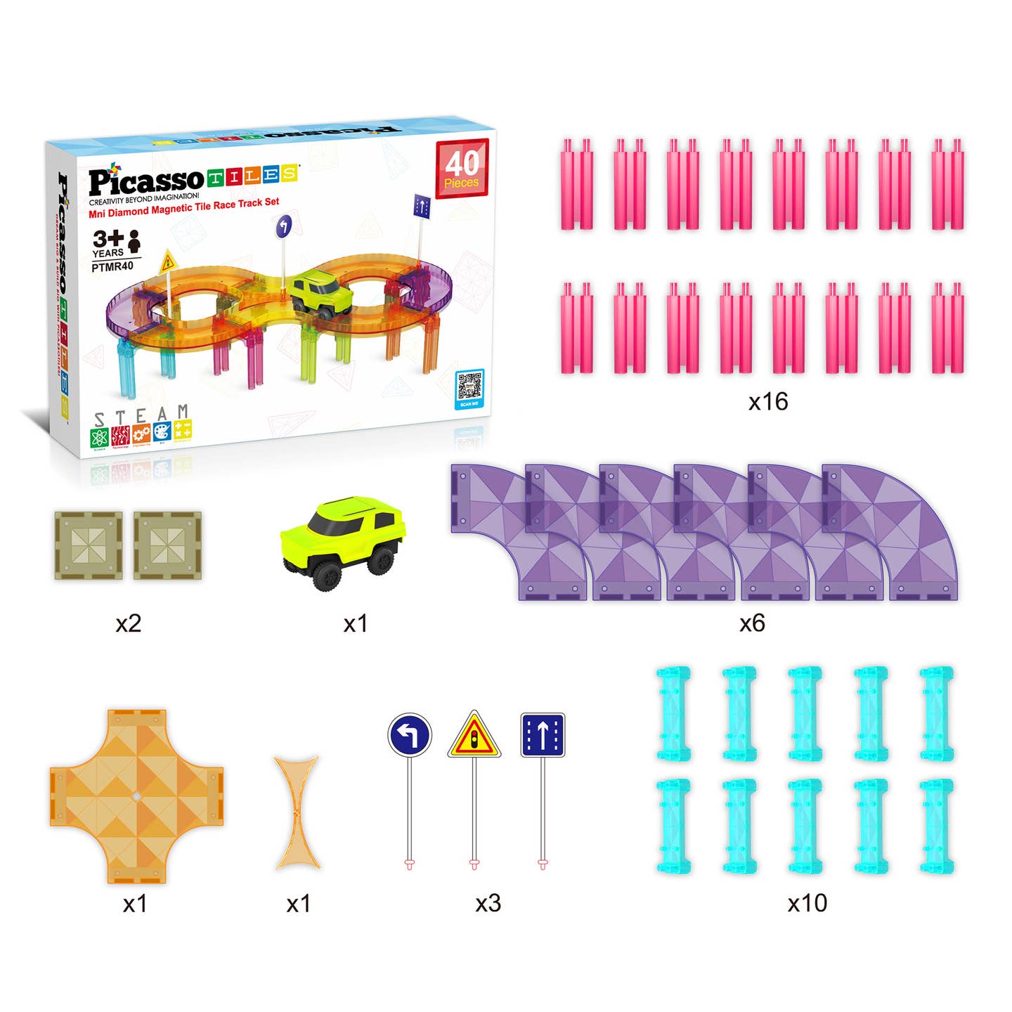 PicassoTiles 40pc Travel Size Magnetic Tile Race Track Set - Stay Forever