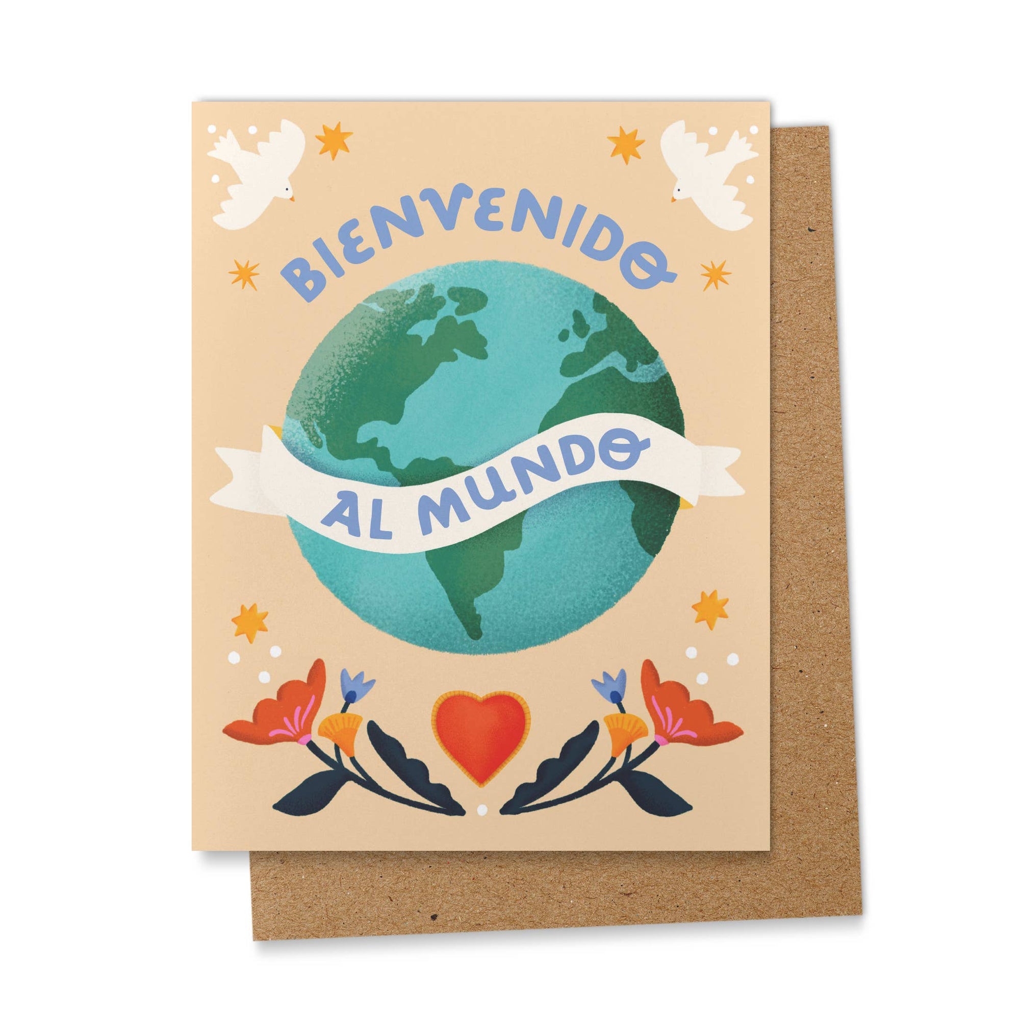 Spanish new baby greeting card with Earth globe, white doves, flowers and Bienvenido Al Mundo text