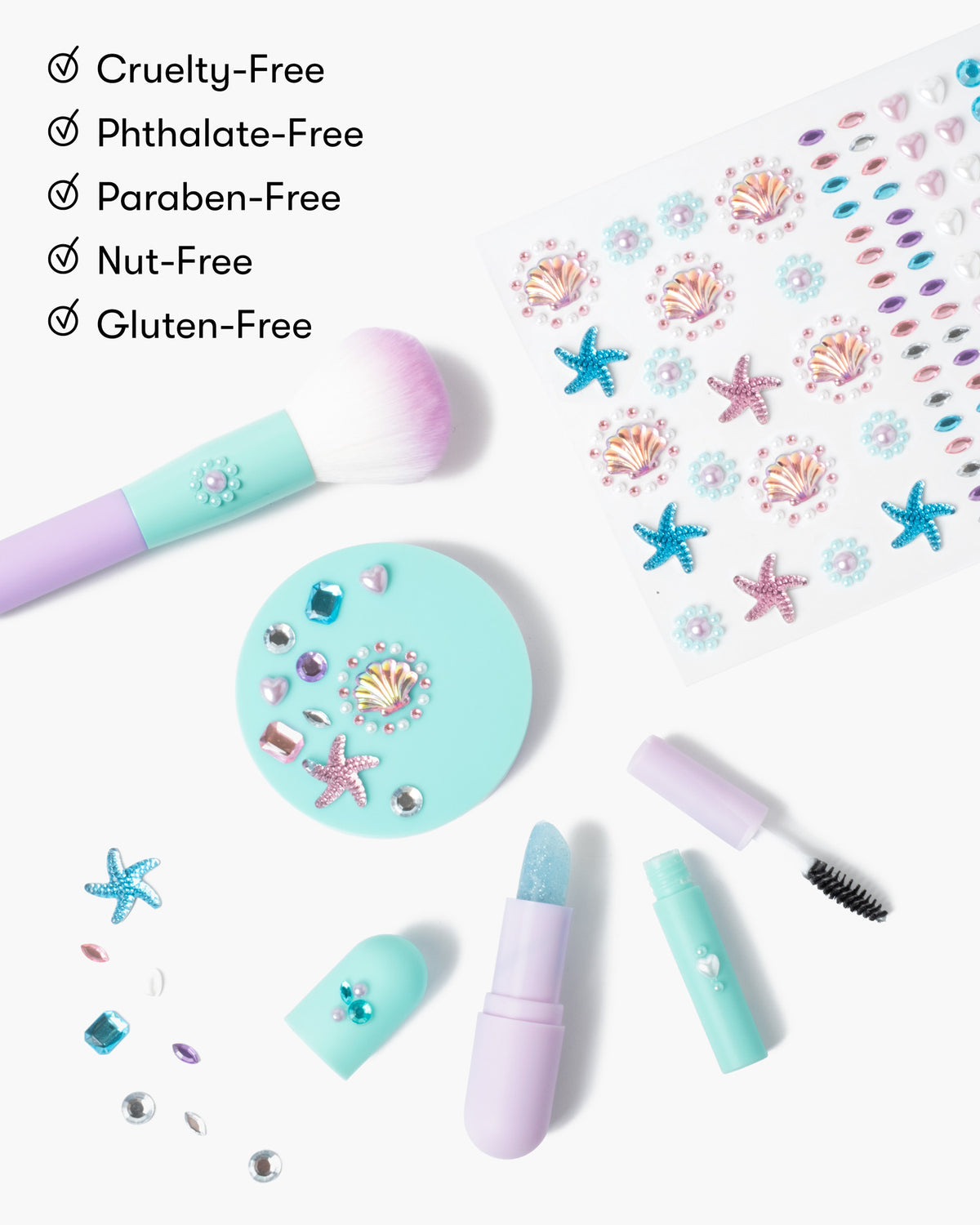Mermaid-themed makeup products with starfish design on a white background