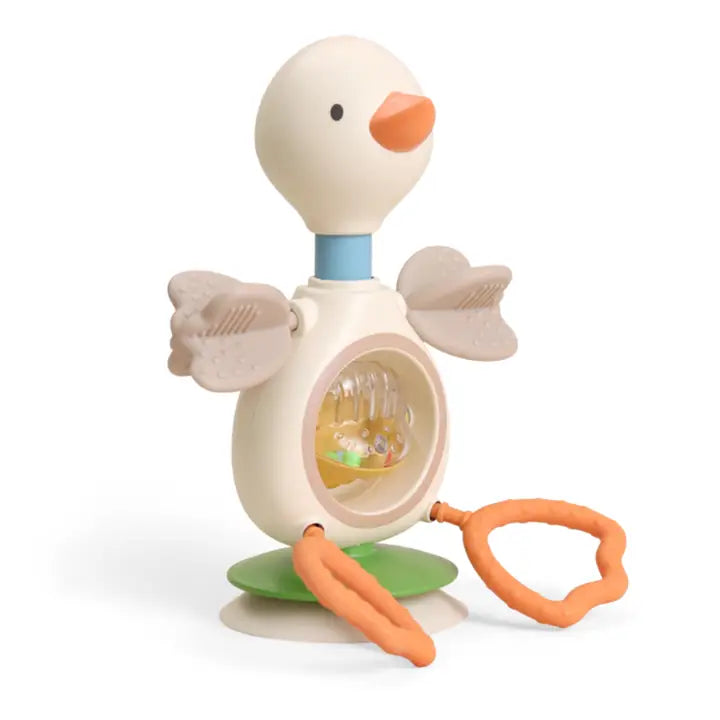 Itzy Ritzy Twist and Bop Goose baby sensory toy with teether ring and spinning rattle body