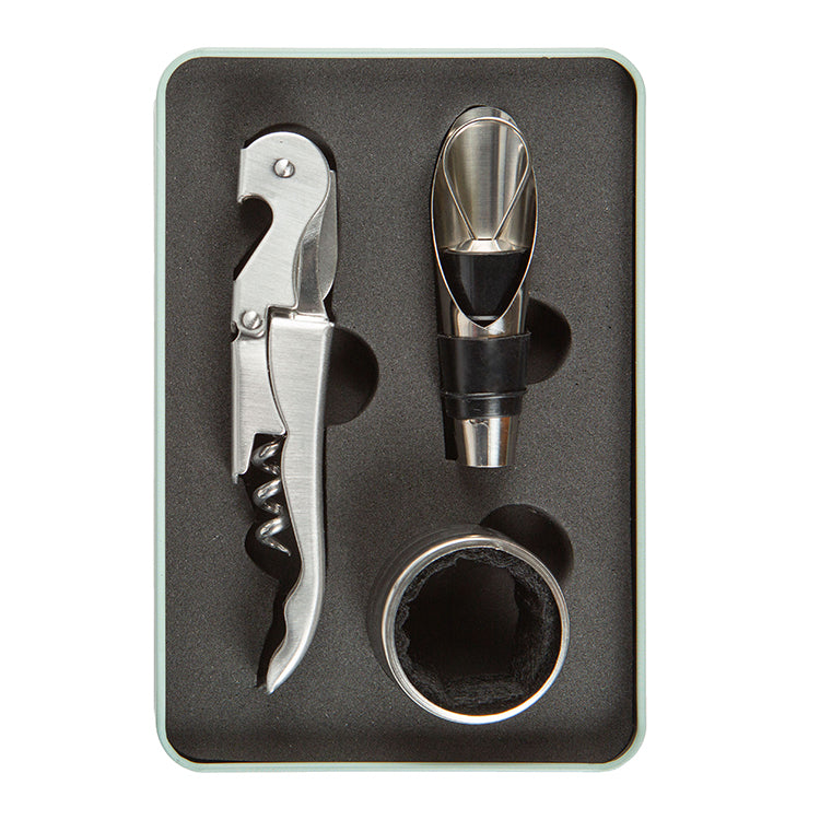 Stainless steel wine kit with corkscrew, aerator pourer, and drip ring in foam tray